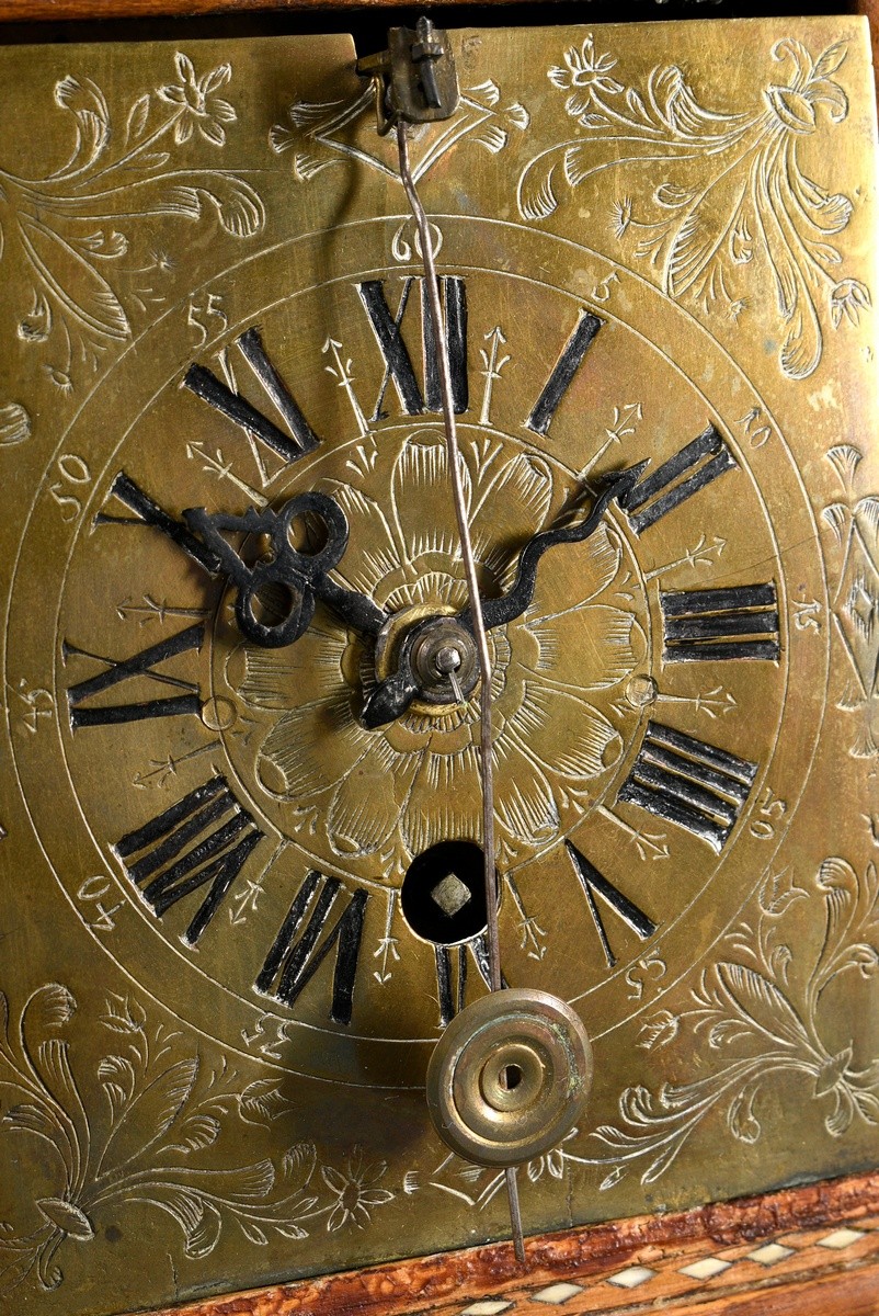 Small Vorderzappler clock in fruitwood case with geometric bone inlays and pineapple crown, florall - Image 3 of 9