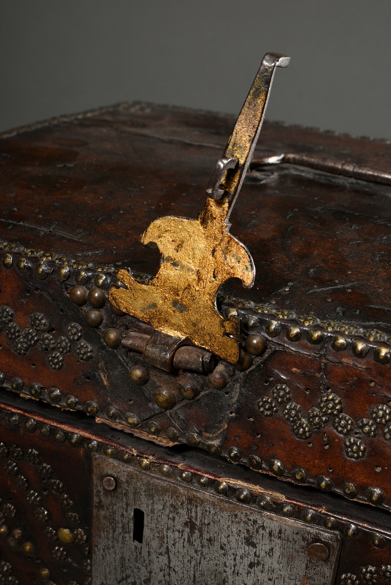 Antique leather casket with nailed decoration on the body and steel fittings, inside florally hallm - Image 14 of 14
