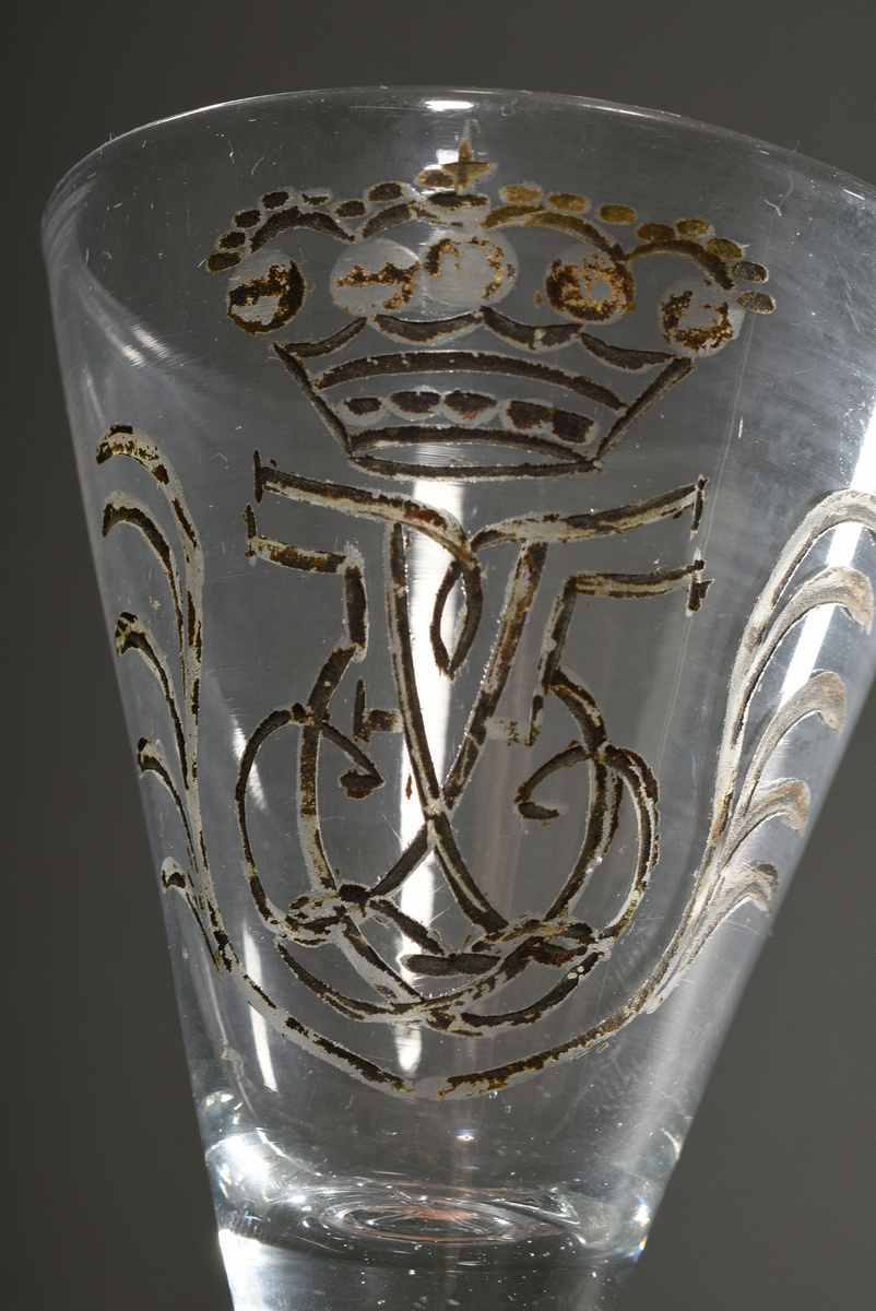 2 various Baroque glasses with incised mirror monograms and captured bubbles to the stem and turned - Image 2 of 5