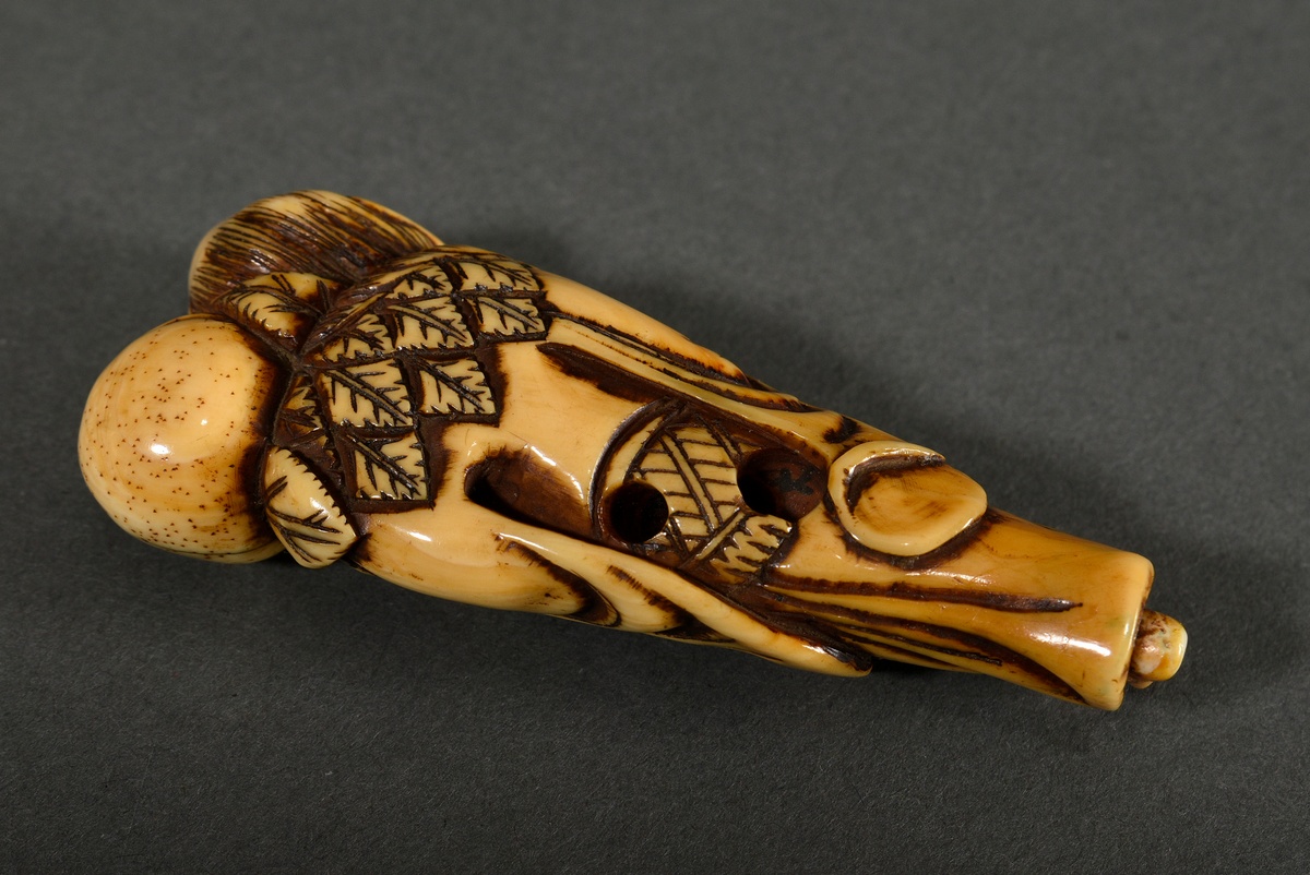 Elfenbein Netsuke "Stehender Sennin mit Flaschenkürbis", 19.Jh., verschieden große Himotoshi, schön - Bild 3 aus 6