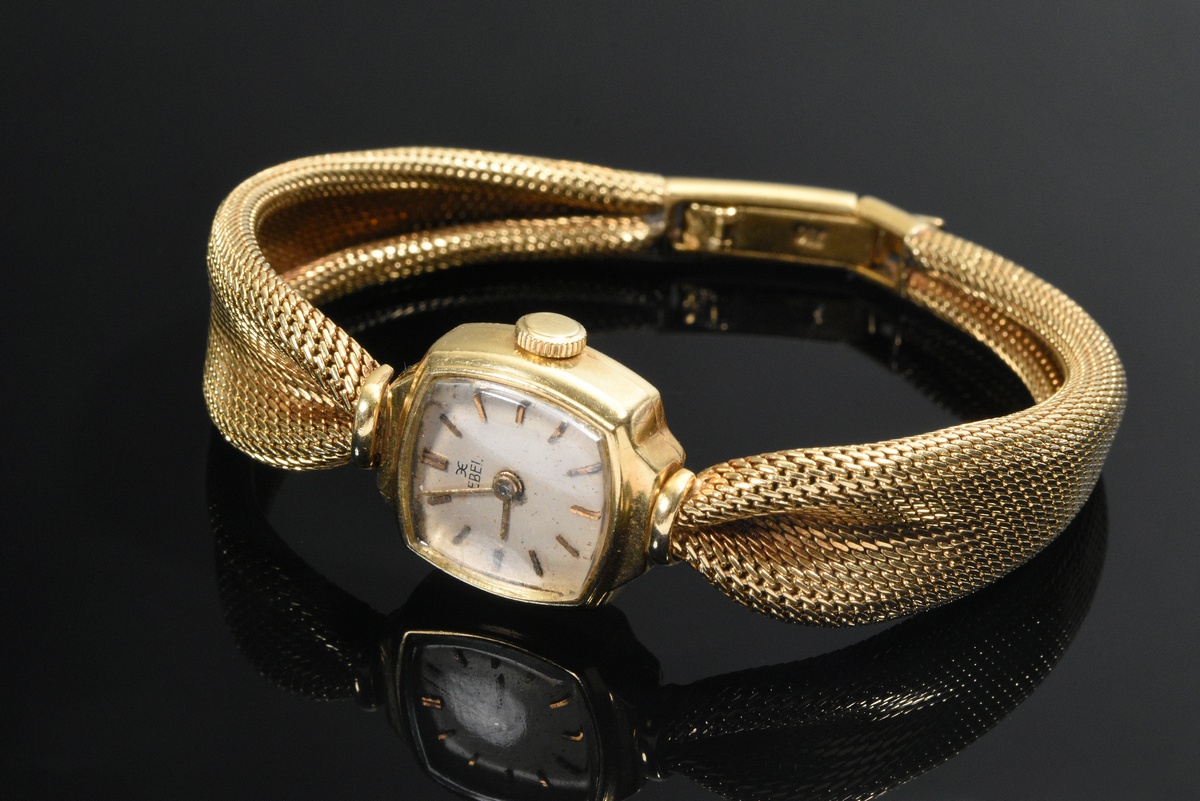 Midcentury yellow gold 750 Ebel ladies' wristwatch, hand-wound, braided bracelet, Switzerland, 27g,