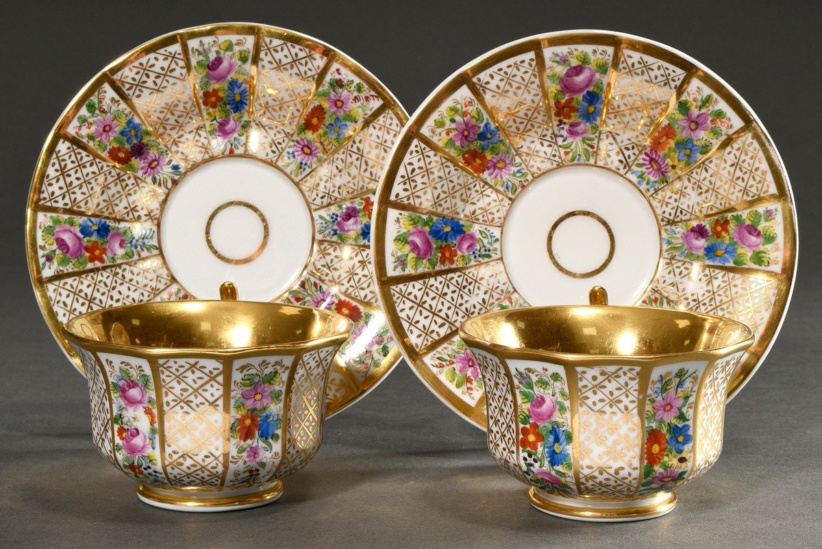 Pair of Biedermeier coffee cups/saucers with rich floral and gold decoration, Krister Porzellan Man - Image 2 of 6