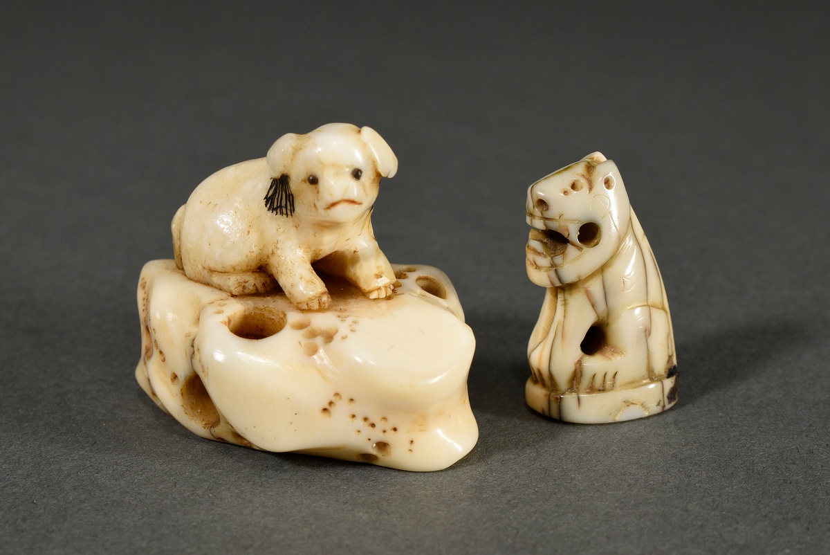 2 Various pieces of stag horn netsuke and animal tooth ojime: ‘Puppy on holey rock’ with inlaid hor