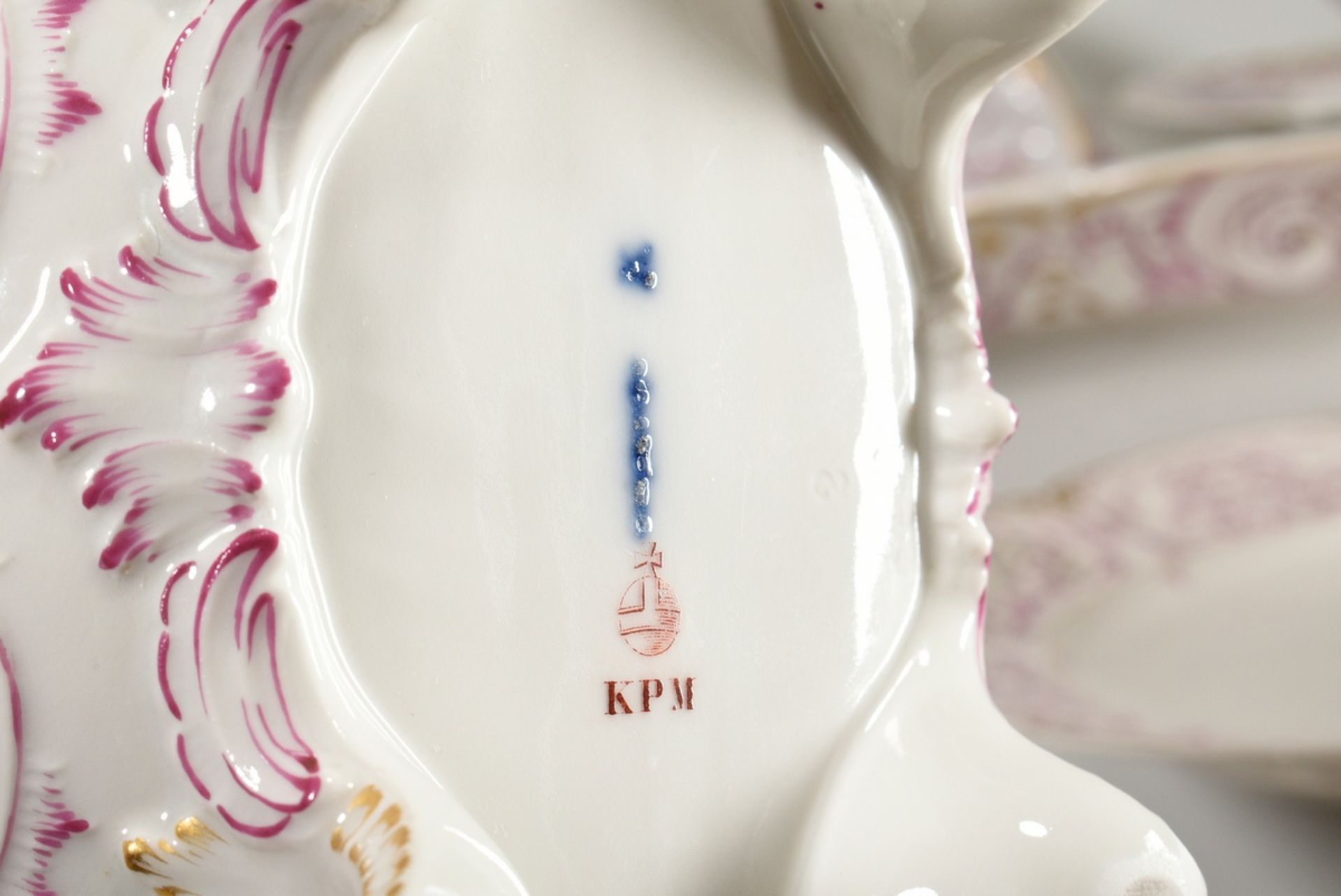 69 Pieces KPM dinner service in Rococo form with purple and gold staffage, red imperial orb mark, c - Image 11 of 22