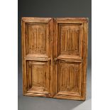 2 oak doors with folded panels, relief carvings in Gothic style in the infills, softwood, brass dro
