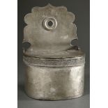 Pewter salt cellar with embossed floral frieze, engraved ‘JMLS 1859’ on the front, town mark probab