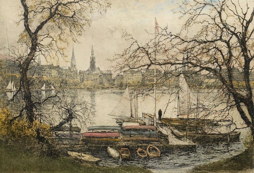 Kasimir, Luigi (1881-1962) ‘Binnenalster’, colour etching, sign. below, 40,8x59,5cm (w.f. 59x76,5cm