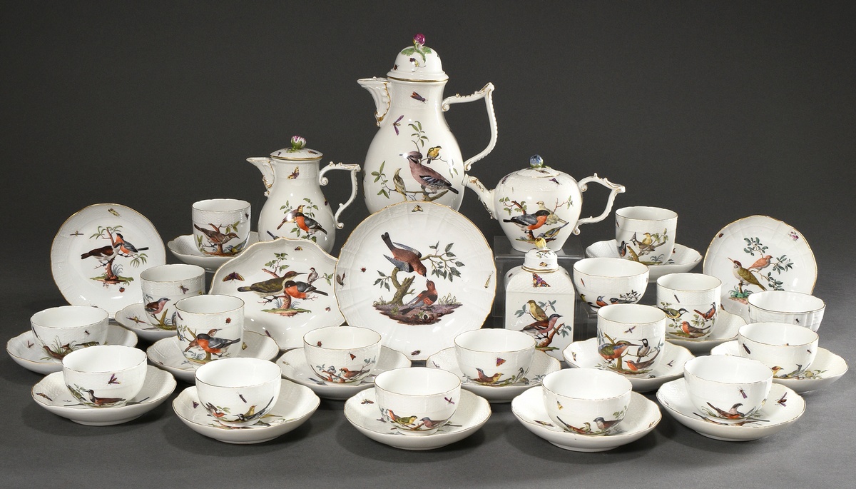 21 Pieces Meissen service with polychrome "Bird and Insects" painting on Ozier relief, c. 1750, con - Image 2 of 27