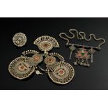3 Various pieces of Afghan headdress, ring and necklace with colorful stones and bells, l. 28/27/Ø5