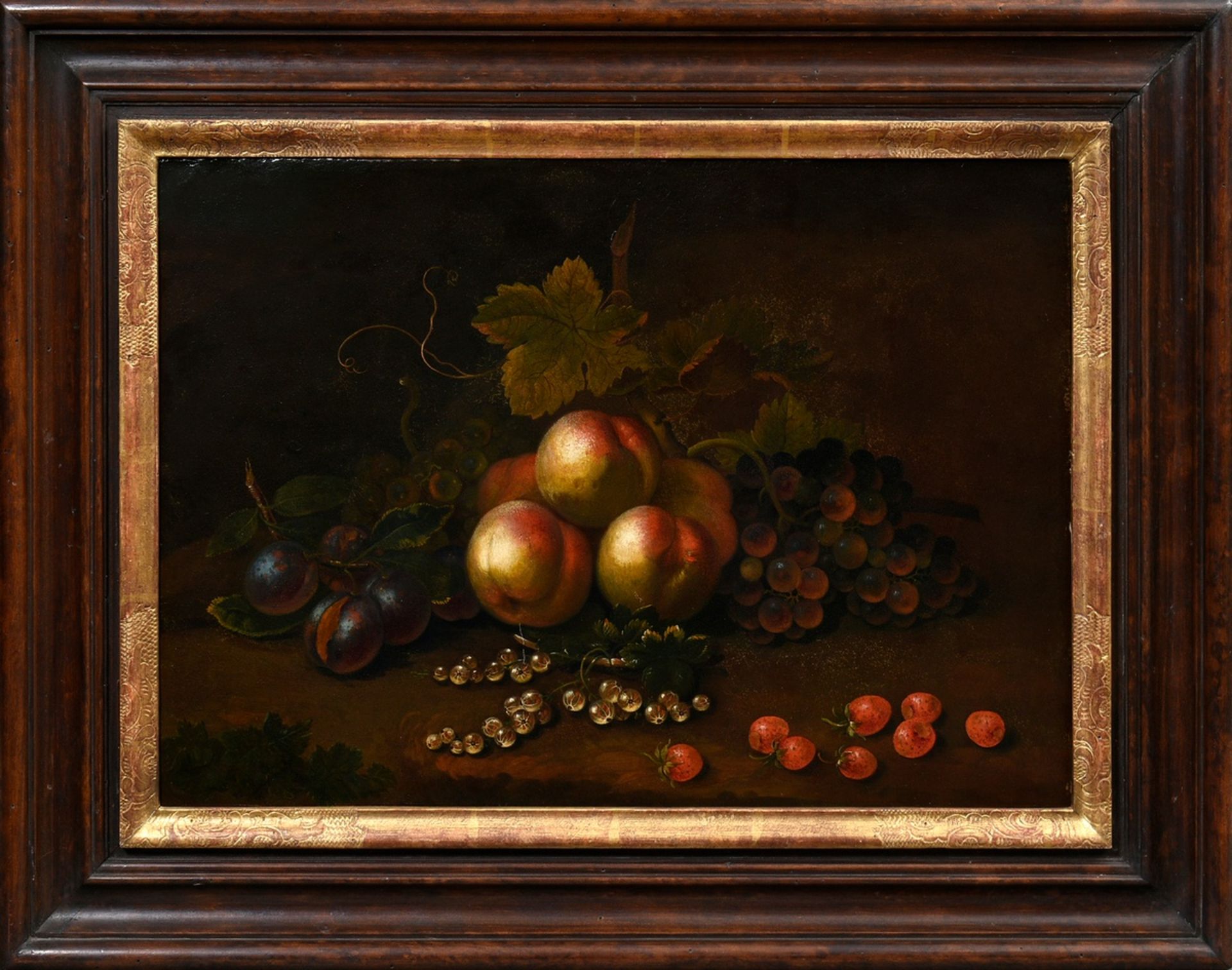 Unbekannter Künstler um 1800 „Obststillleben“, Öl/Metall, 35x50,5cm (m.R. 52,5x67cm), leichtes Craq - Bild 2 aus 6