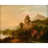 Unbekannter Künstler um 1800 „Romantische Landschaft mit Wassermühle“, Öl/Leinwand doubliert, 21x25