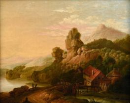 Unbekannter Künstler um 1800 „Romantische Landschaft mit Wassermühle“, Öl/Leinwand doubliert, 21x25