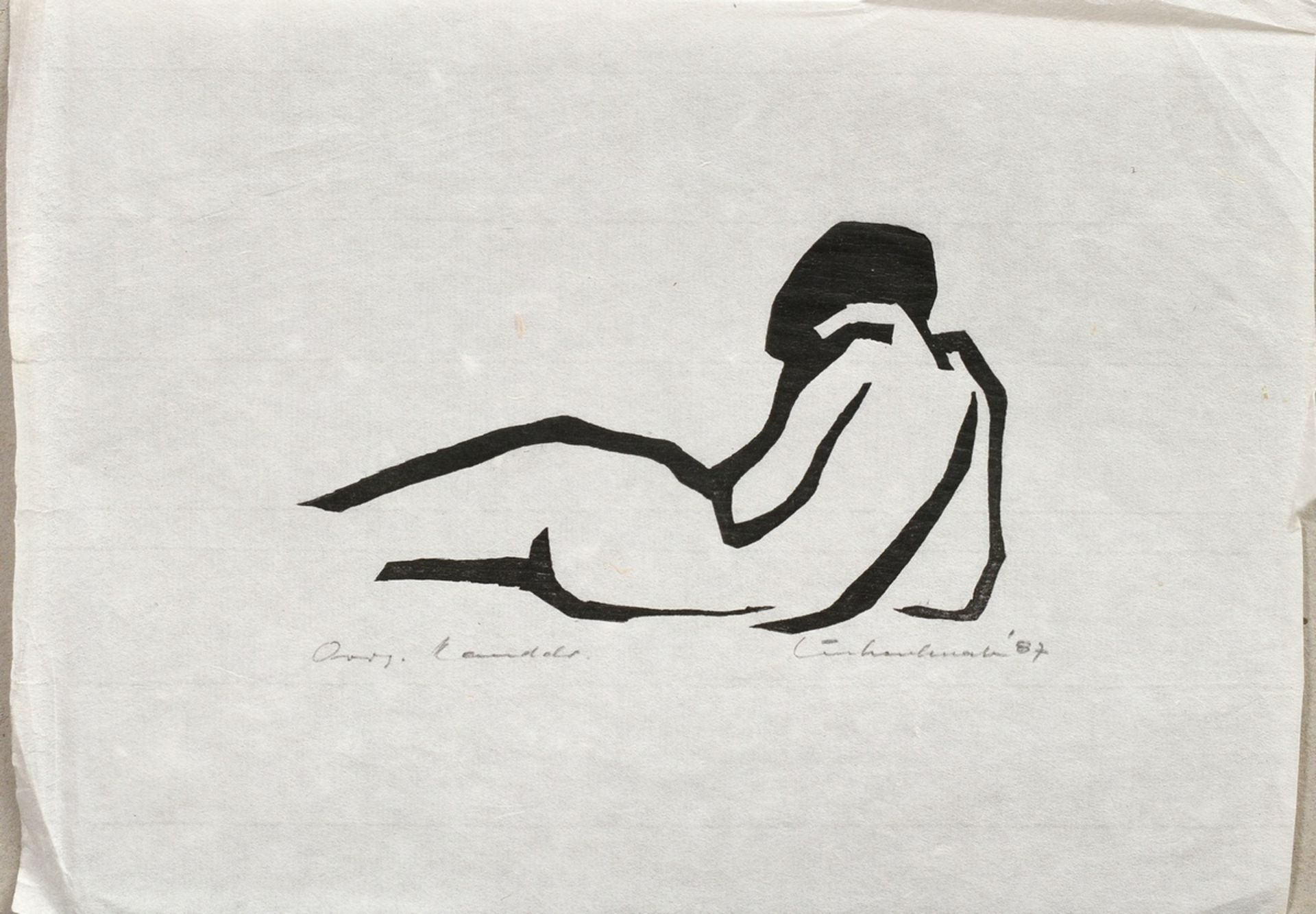 Unknown artist of the 20th c. 'Reclining' 1987, woodcut, sign./inscr. unclear below, SM approx. 21,