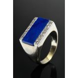 Wide white and yellow gold 750 ring with rectangular lapis lazuli plate between octagonal diamond b