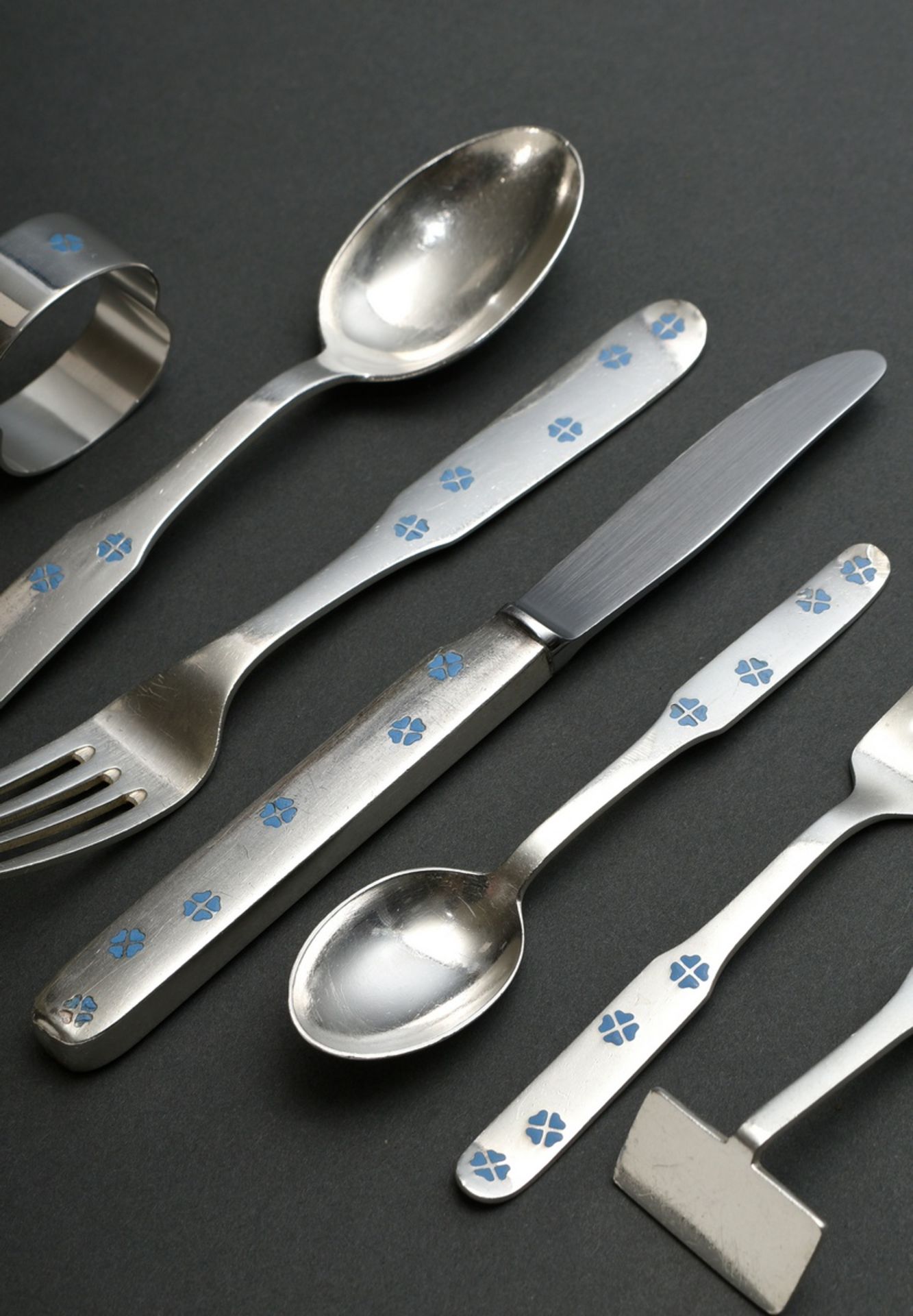 7 pieces Danish Midcentury christening cutlery with light blue heart-shaped flowers in Champlevé en