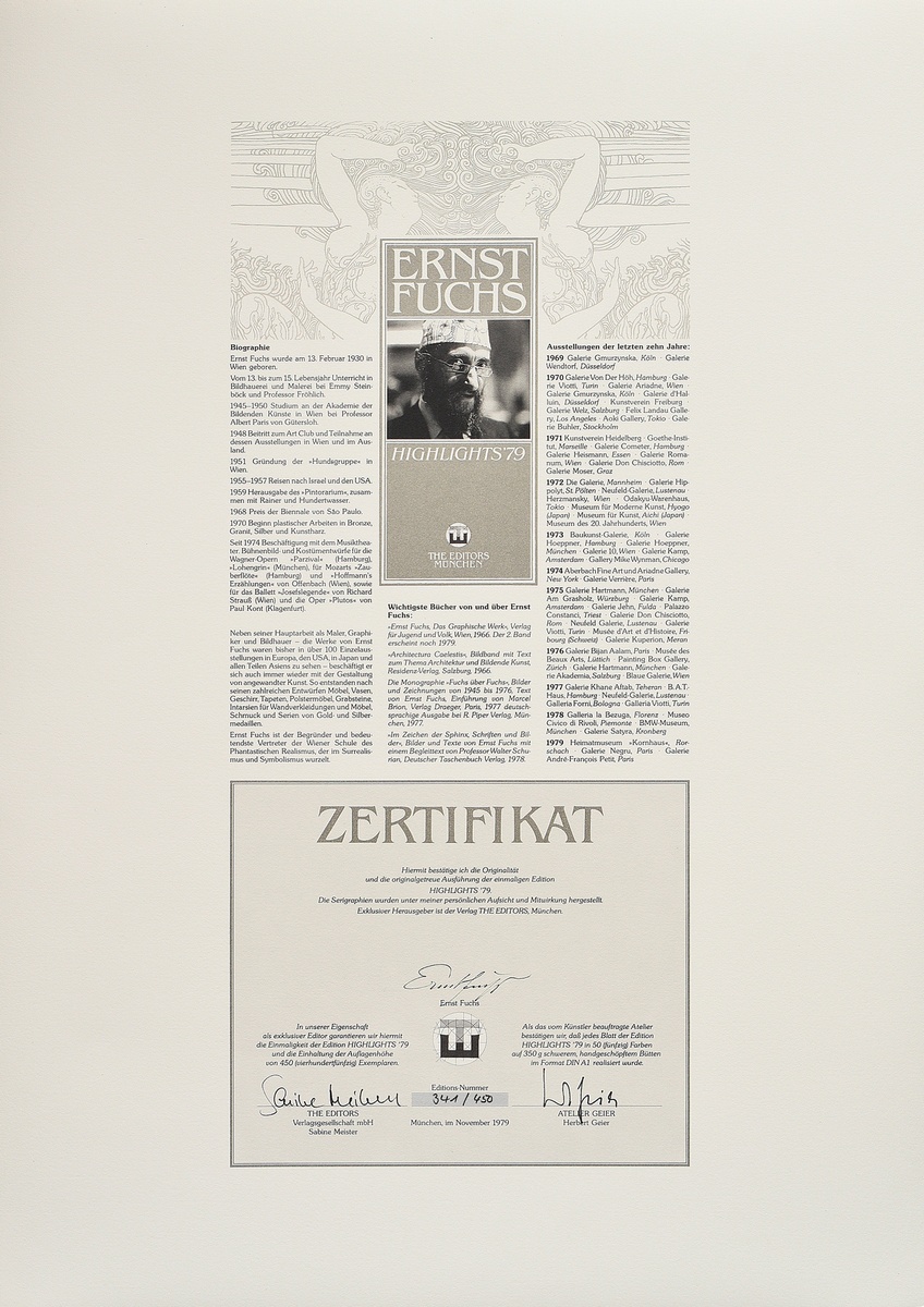 Fuchs, Ernst (1930-2015) Portfolio "Highlights I" 1979, colour silkscreens, 341/450, 5 sheets ("Per - Image 2 of 15