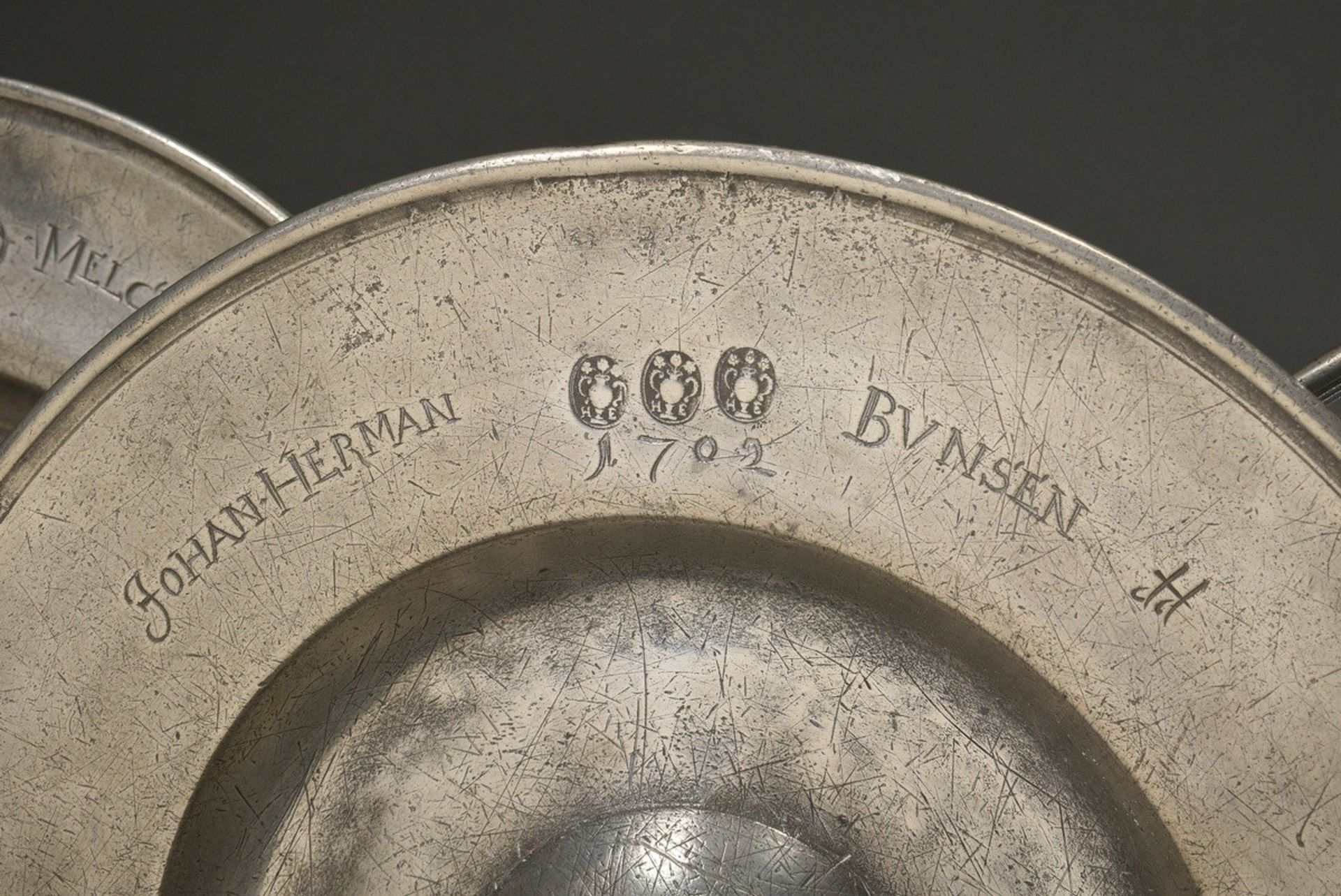 3 pewter wide rim plates with a humped centre, each dated and marked on the rim "A.R.D. Anthon Melc - Image 4 of 8