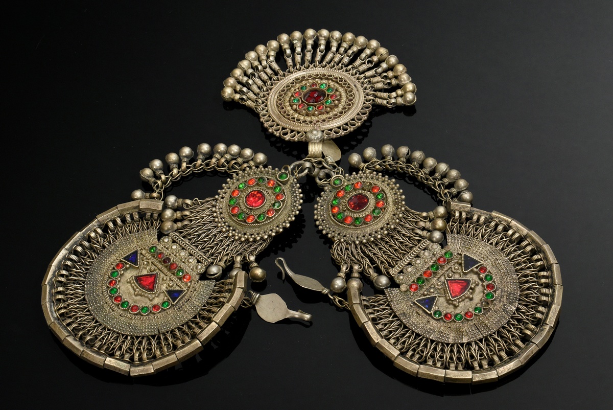 3 Various pieces of Afghan headdress, ring and necklace with colorful stones and bells, l. 28/27/Ø5 - Image 2 of 11
