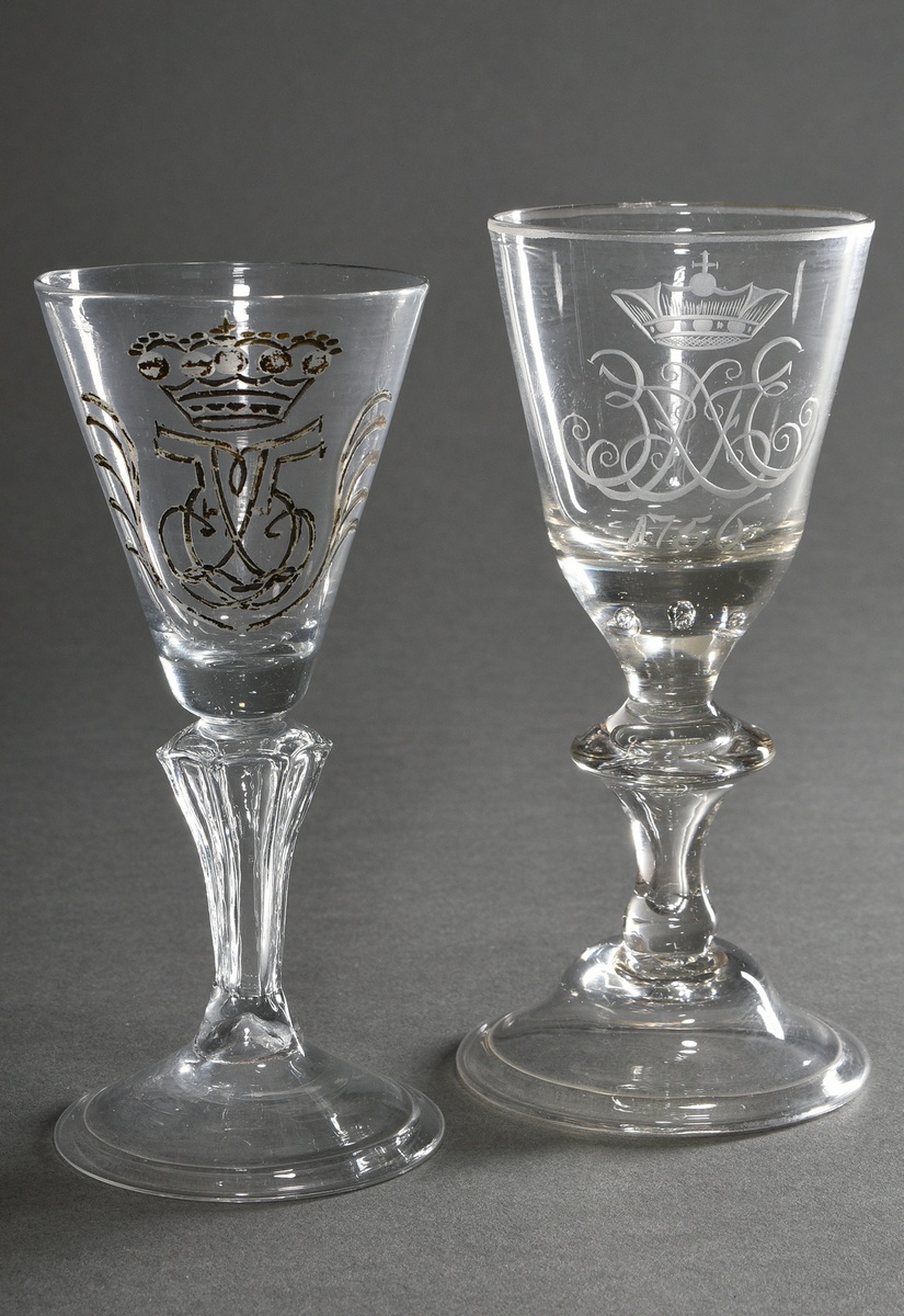 2 various Baroque glasses with incised mirror monograms and captured bubbles to the stem and turned