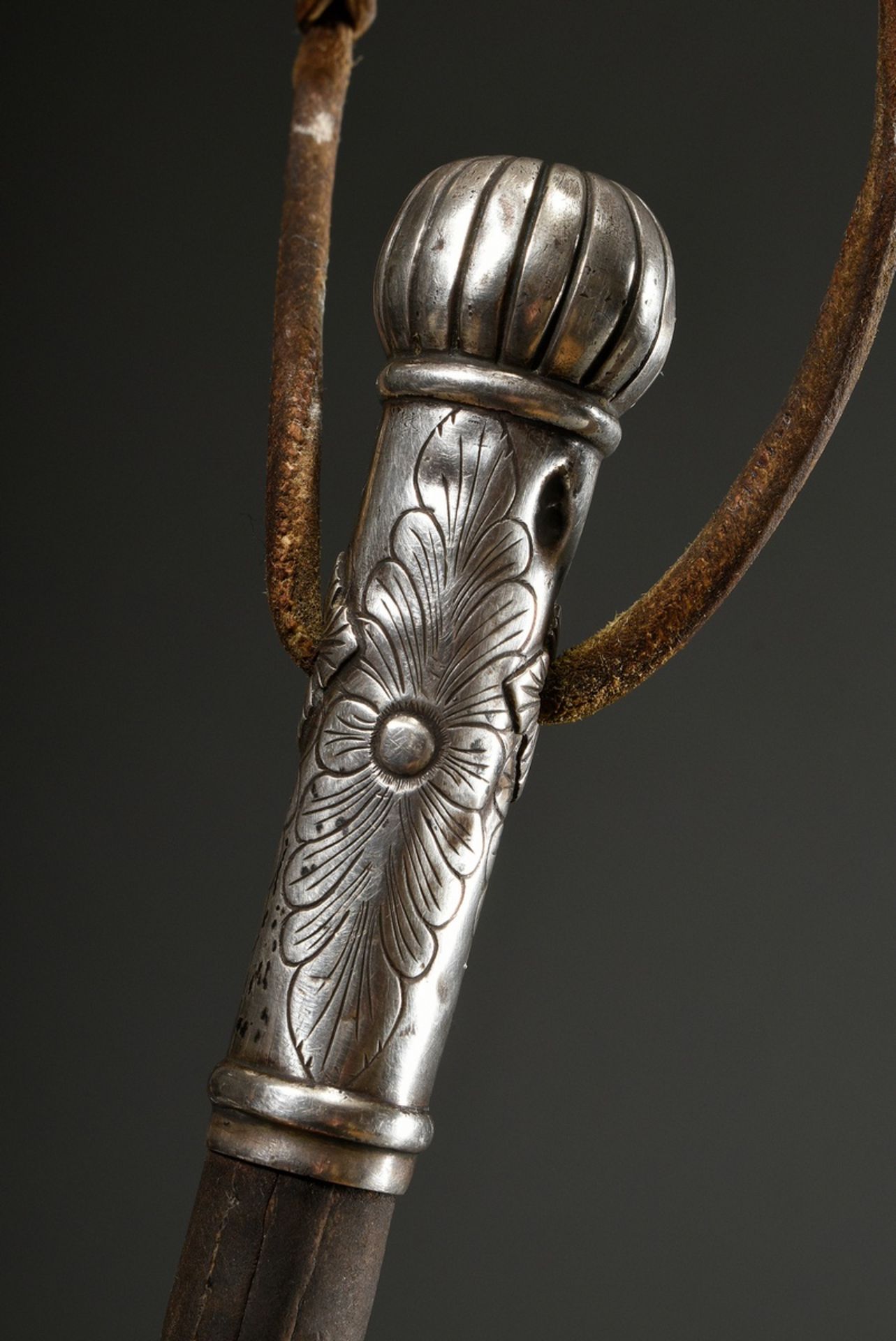 South American gaucho whip so-called Rebenque, leather with florally embossed silver cuffs and hand - Image 3 of 5