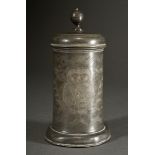 Small pewter tankard in the shape of a cylinder with flared stand, domed hinged lid with spherical 