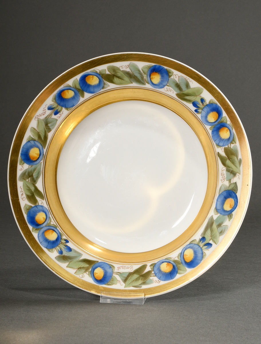 KPM soup plate with blue bindweed decoration and decorative gilding, smooth form, c. 1900, undergla