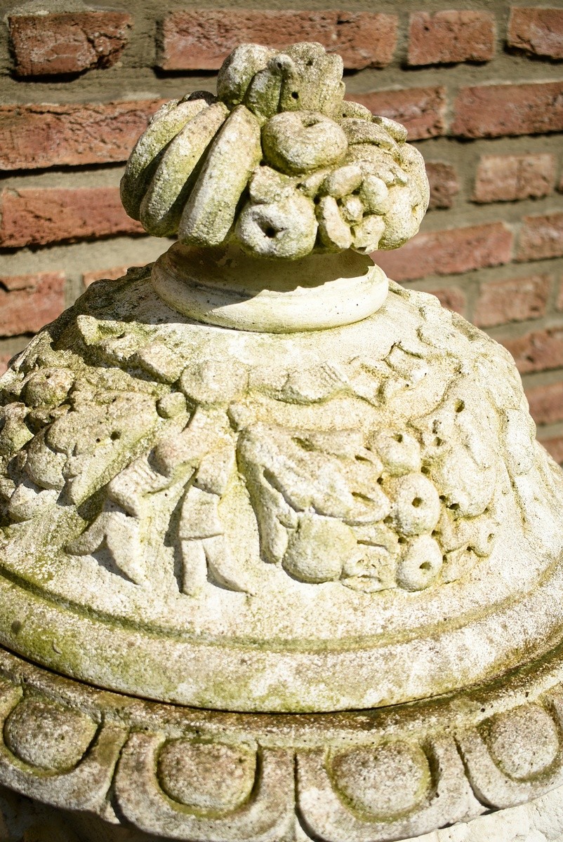 Cast or sandstone lidded vase with ram's head on a high angular pedestal after an old model, marked - Image 4 of 5
