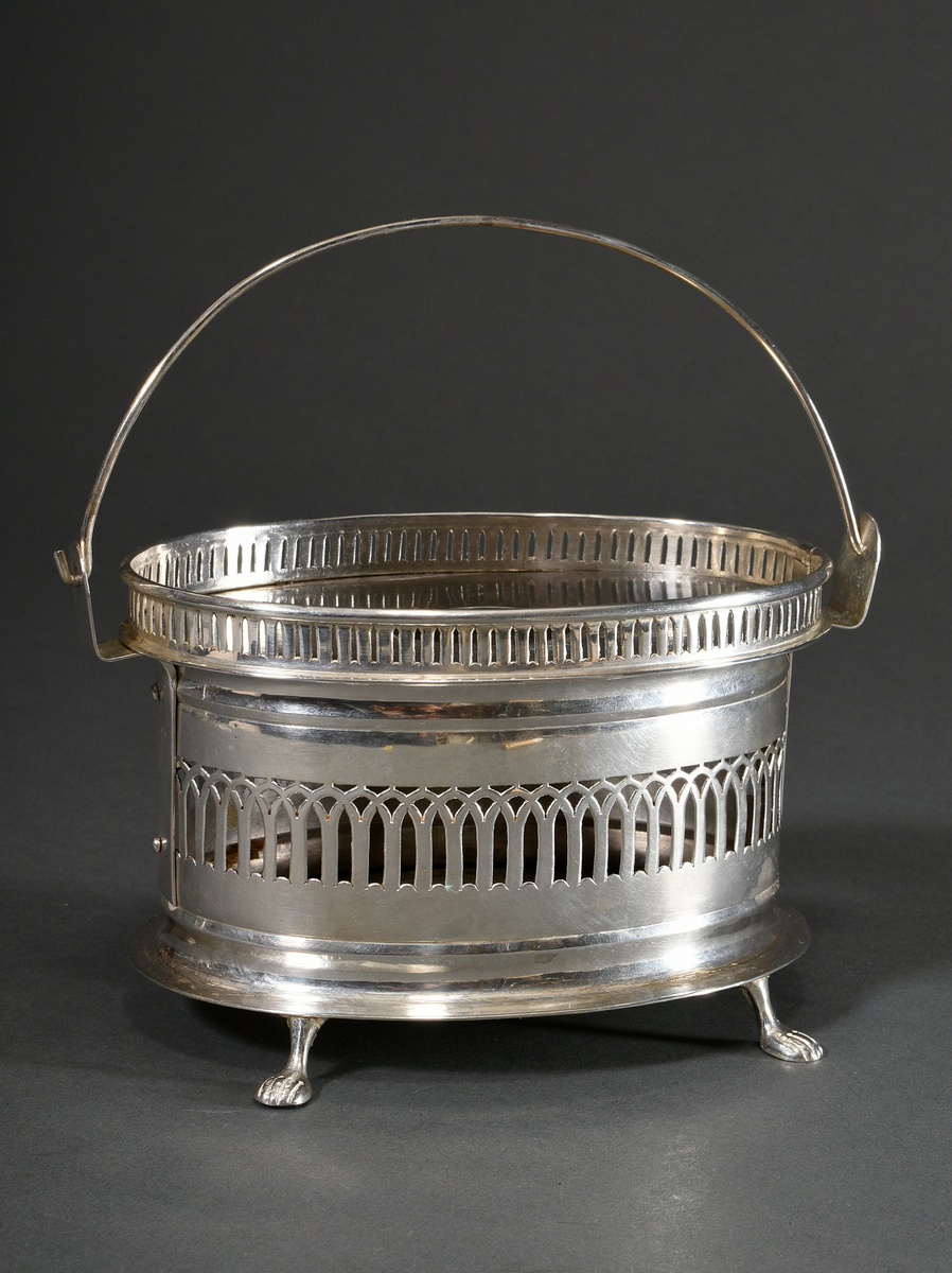 Oval silver-plated teapot with grid opening on four feet after an old model, 11.2x18.8x11.4cm