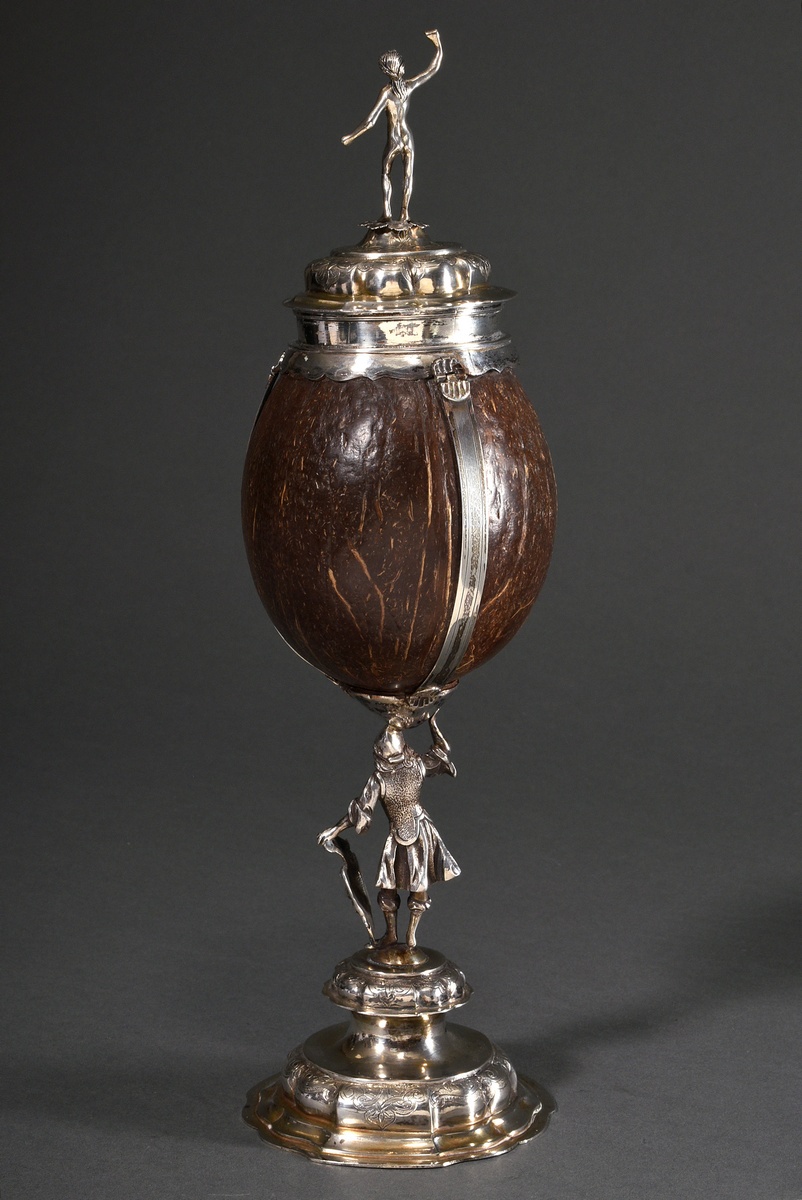 Splendid coconut goblet with engraved borders on a multi-pass stand and lid, the nut held by a smoo - Image 4 of 12