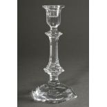 Octagonal Baccarat crystal chandelier with faceted baluster stem, bottom signed, h. 22cm, min. scra