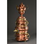 Copper samovar with multi-tiered body and movable brass handles with turned wooden handles, round b