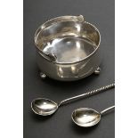 3 Various pieces of Russian silver: sugar basket with hinged handle on ball feet (MM: BTC, 84 Zolot