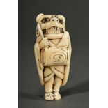 Deer horn netsuke ‘Shishimai dancer with lion mask and drum’, partially coloured with inlaid horn e