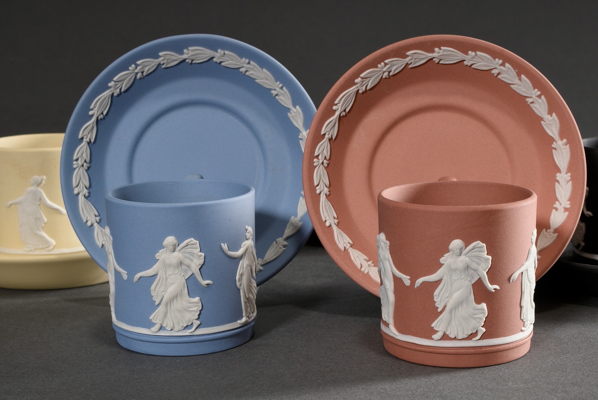 6 Wedgwood Jasperware demitasse cups/ saucers with classic bisque porcelain reliefs on varying colo - Image 3 of 4