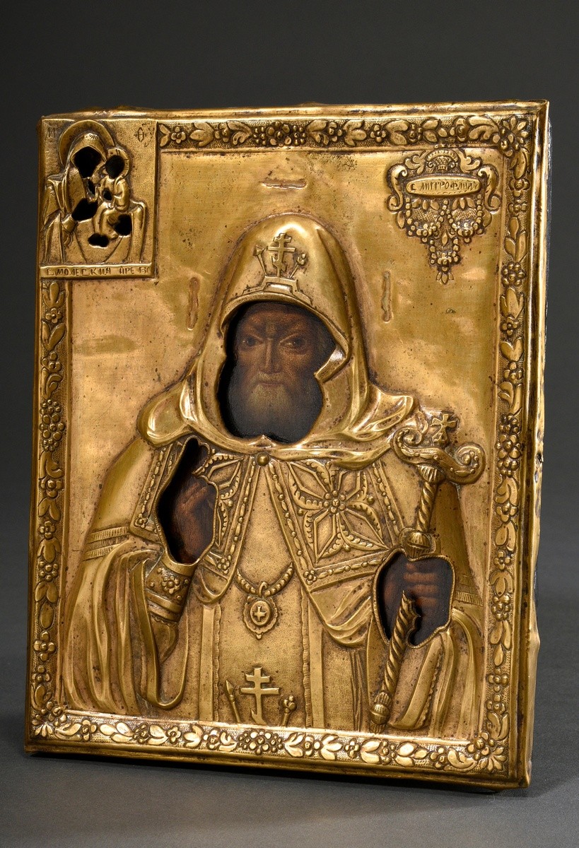 Russian icon "Saint Mitrophan" under brass oklad, egg tempera/chalk ground on wood, early 19th cent