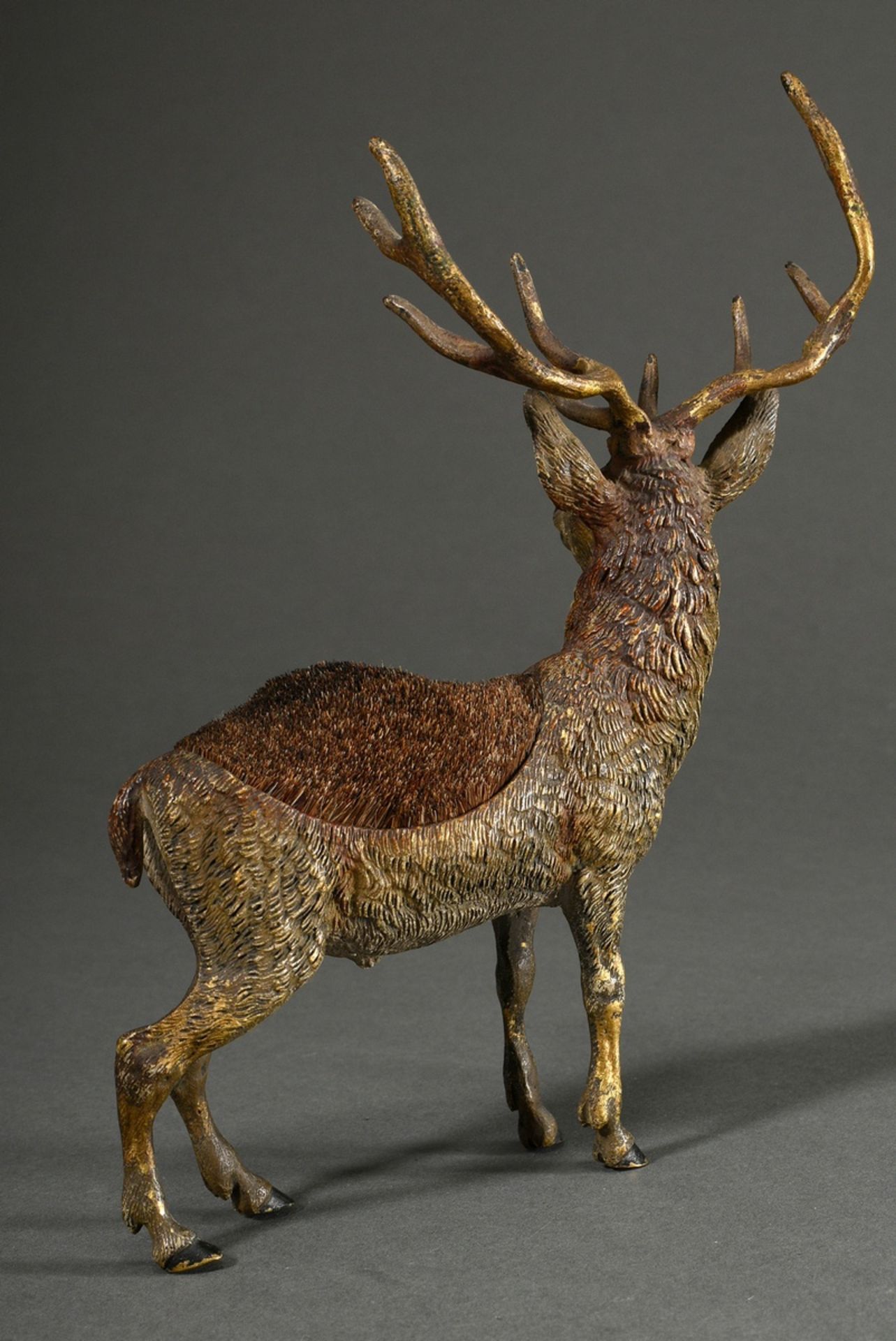 Große Wiener Bronze "Zehnender Hirsch" mit Wildschweinborsteneinsatz als Nadelhalter oder Tintenabs - Bild 3 aus 6