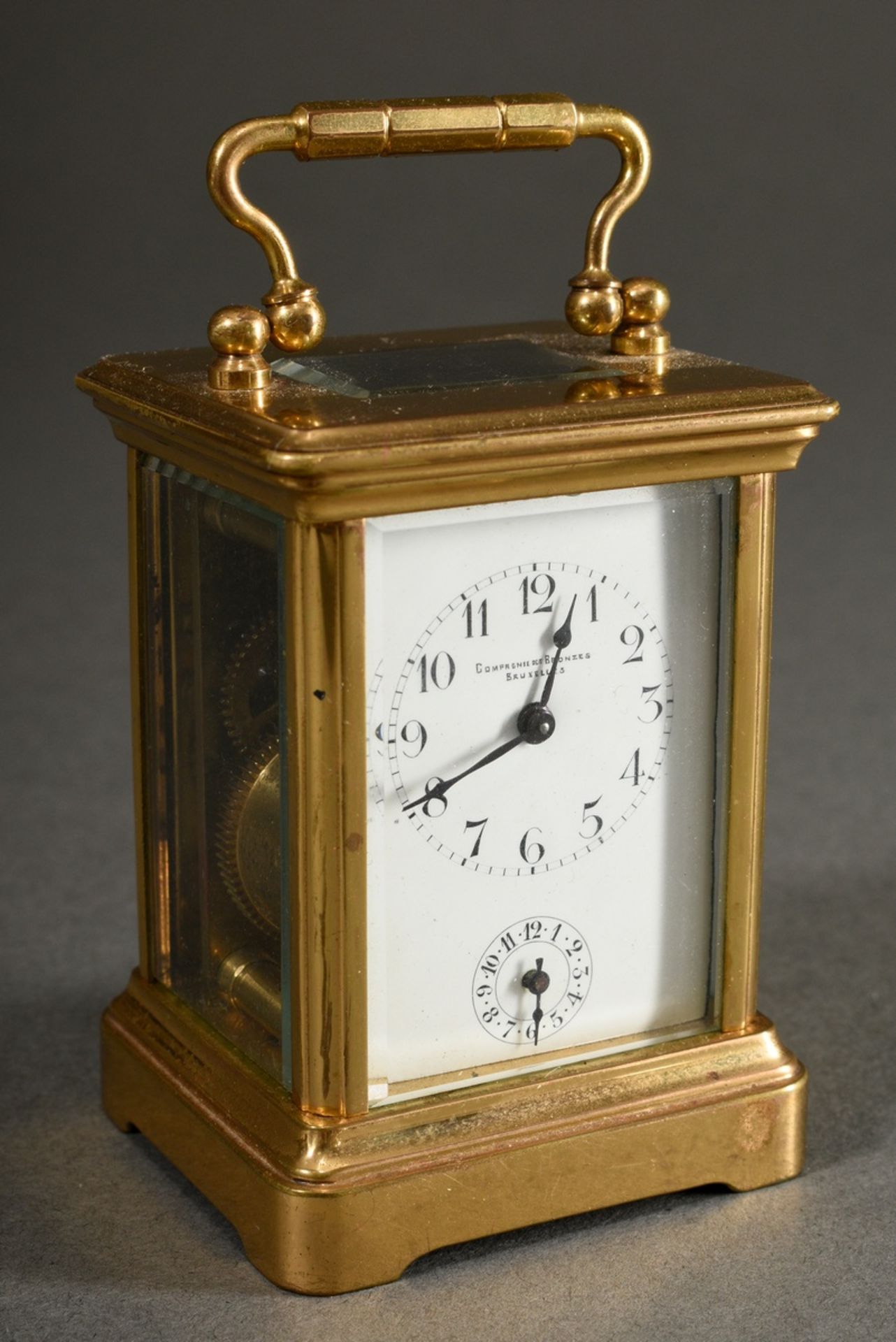 French miniature travel alarm clock in all-round glassed brass case, enamelled dial with Arabic num - Image 2 of 11