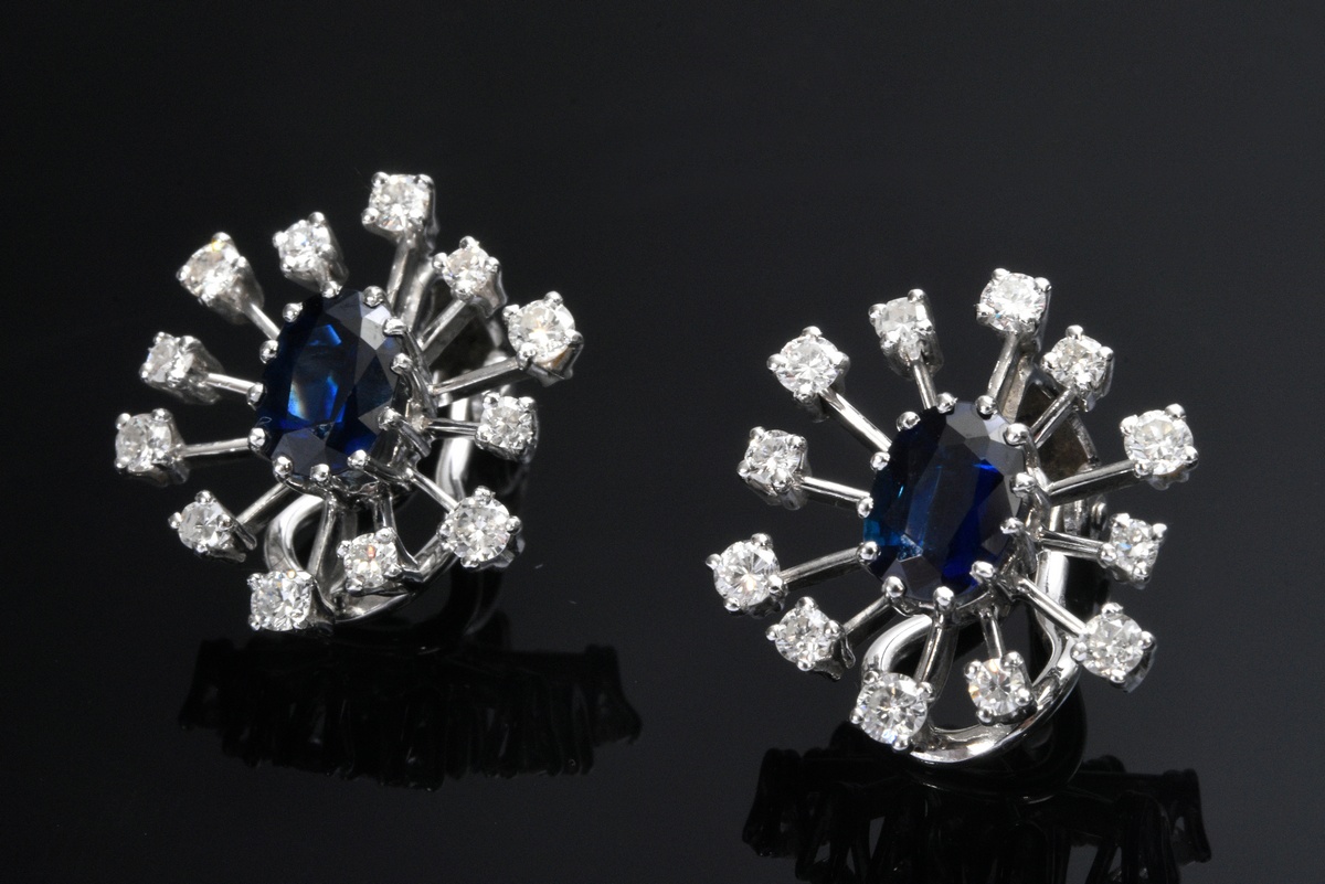 Pair of white gold 585 clip earrings with sapphires and diamonds (approx. 1ct/VSI-SI/TW) in star sh