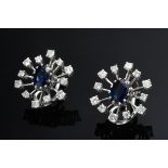 Pair of white gold 585 clip earrings with sapphires and diamonds (approx. 1ct/VSI-SI/TW) in star sh