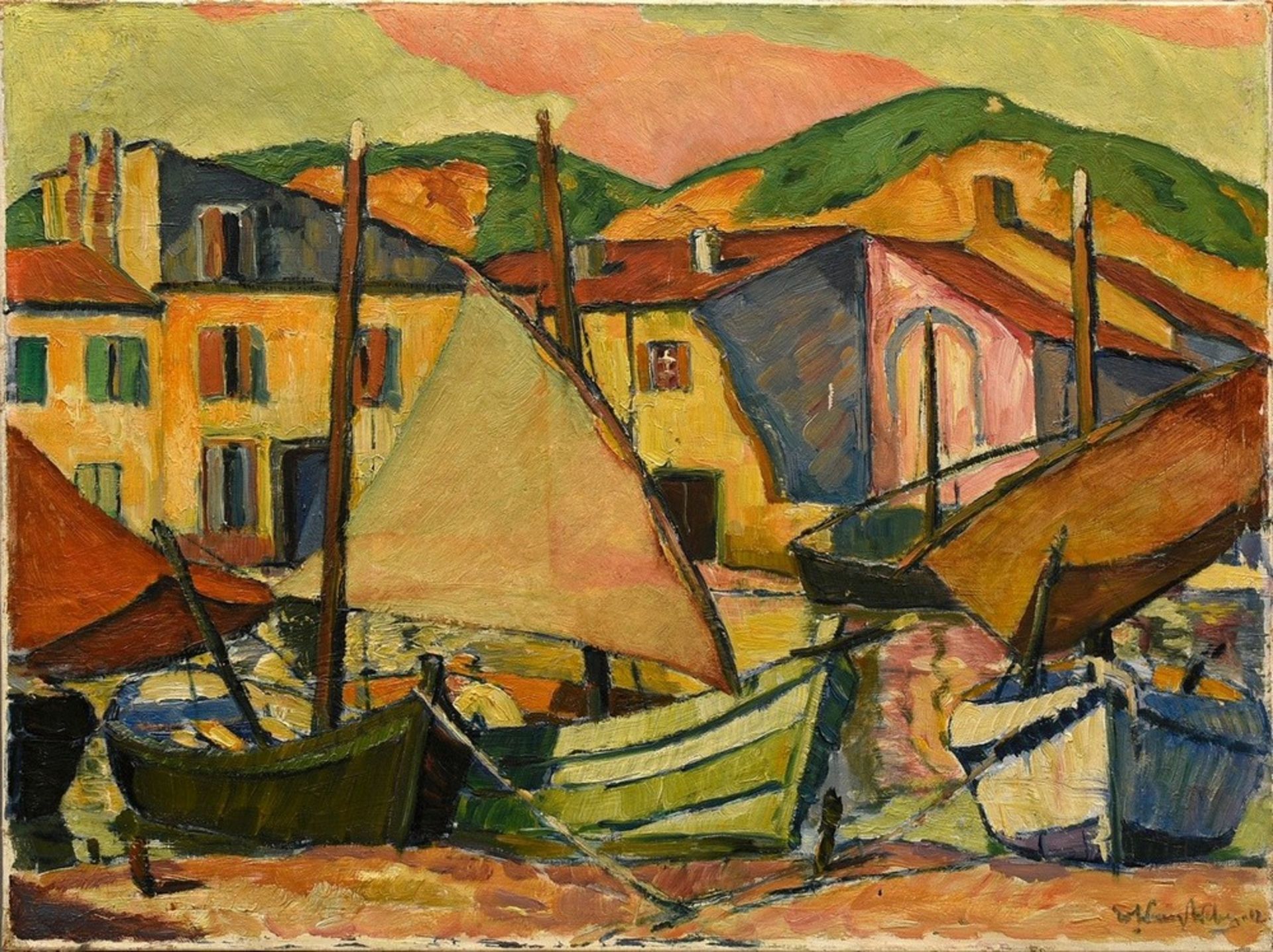 Weber, Evarist Adam (1887-1968) "Boote im südländischen Hafen (Ebbe II)" 1942, Öl/Leinwand, u.r. si
