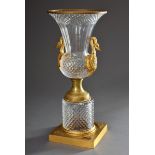 Large crystal crater vase with fire-gilt Ormolu mount and base in Empire Façon "Swan Handle", stone