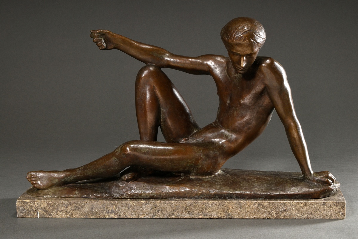 Scheibe, Richard (1879-1964) "Reclining Narcissus" 1952, patinated bronze, on marble base (slightly - Image 2 of 9