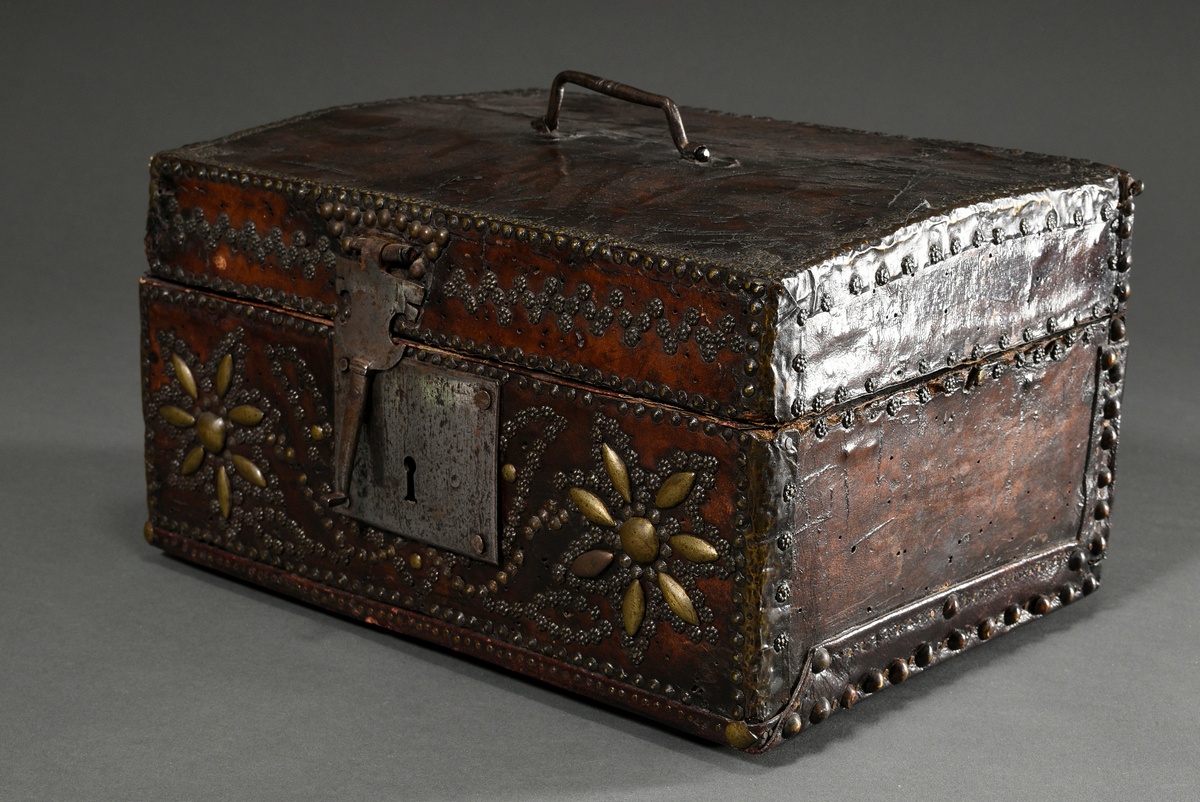 Antique leather casket with nailed decoration on the body and steel fittings, inside florally hallm - Image 3 of 14