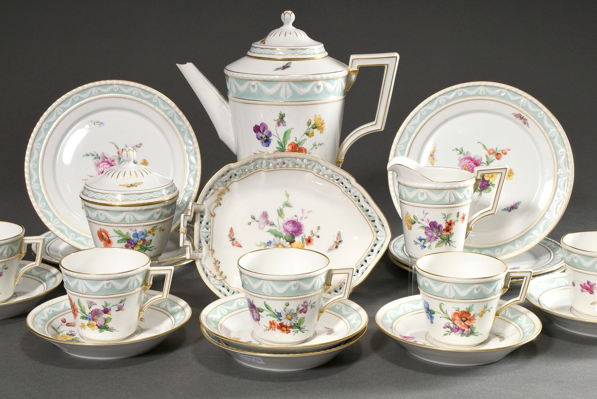 15 Pieces KPM coffee service "Kurland" with flowers and insects, gold staffage and turquoise frieze