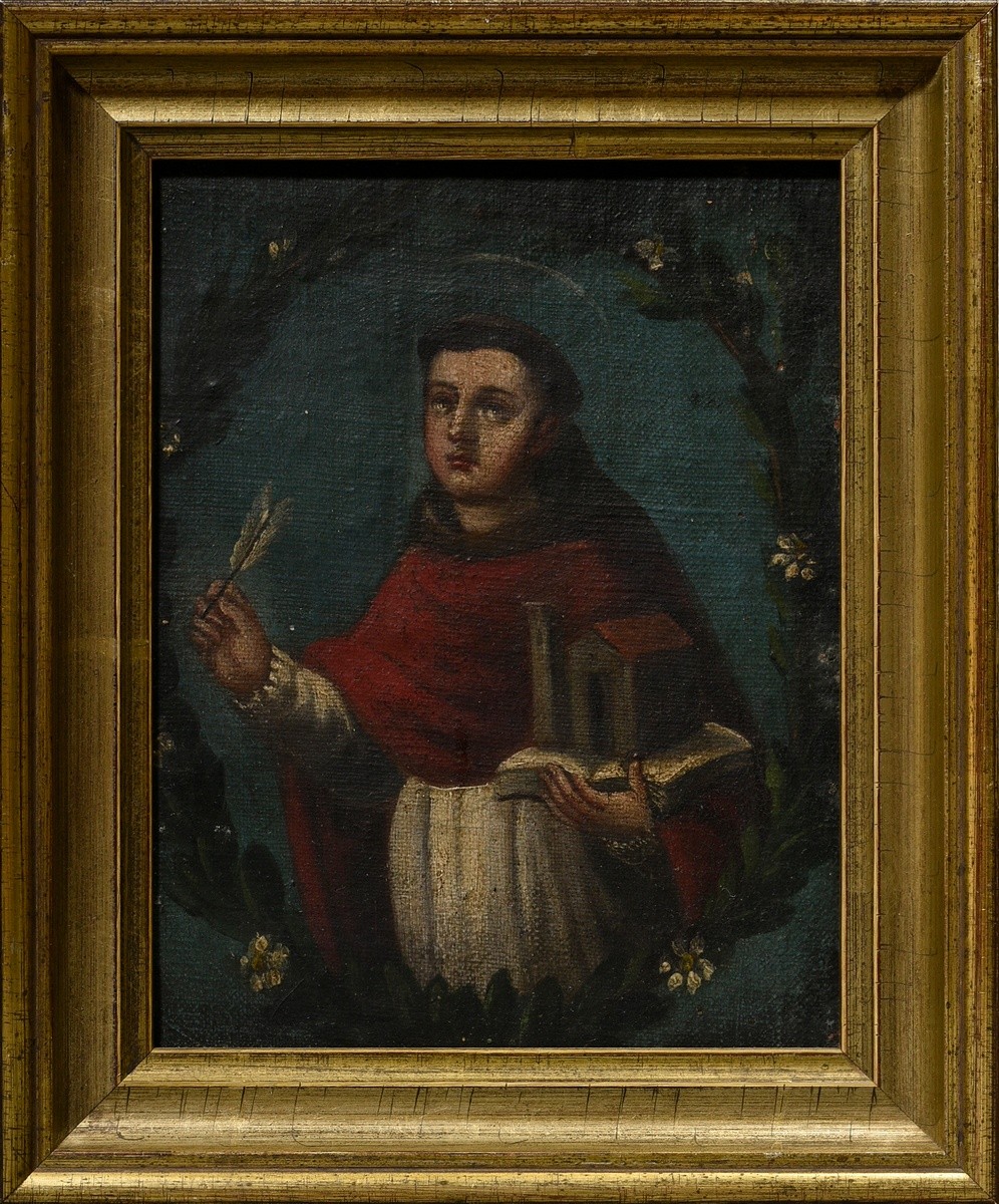 4 Small South American paintings of saints "Saint Anthony, Saint Bernadino of Sienna, Saint Thomas  - Image 9 of 10