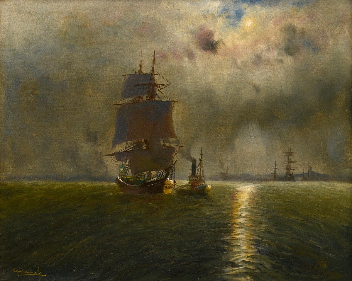 Jensen, Alfred (1859-1935) "Sailor and tugboat in the twilight", oil/canvas, sign. l.r., 60,5x80cm 