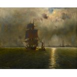 Jensen, Alfred (1859-1935) "Sailor and tugboat in the twilight", oil/canvas, sign. l.r., 60,5x80cm 