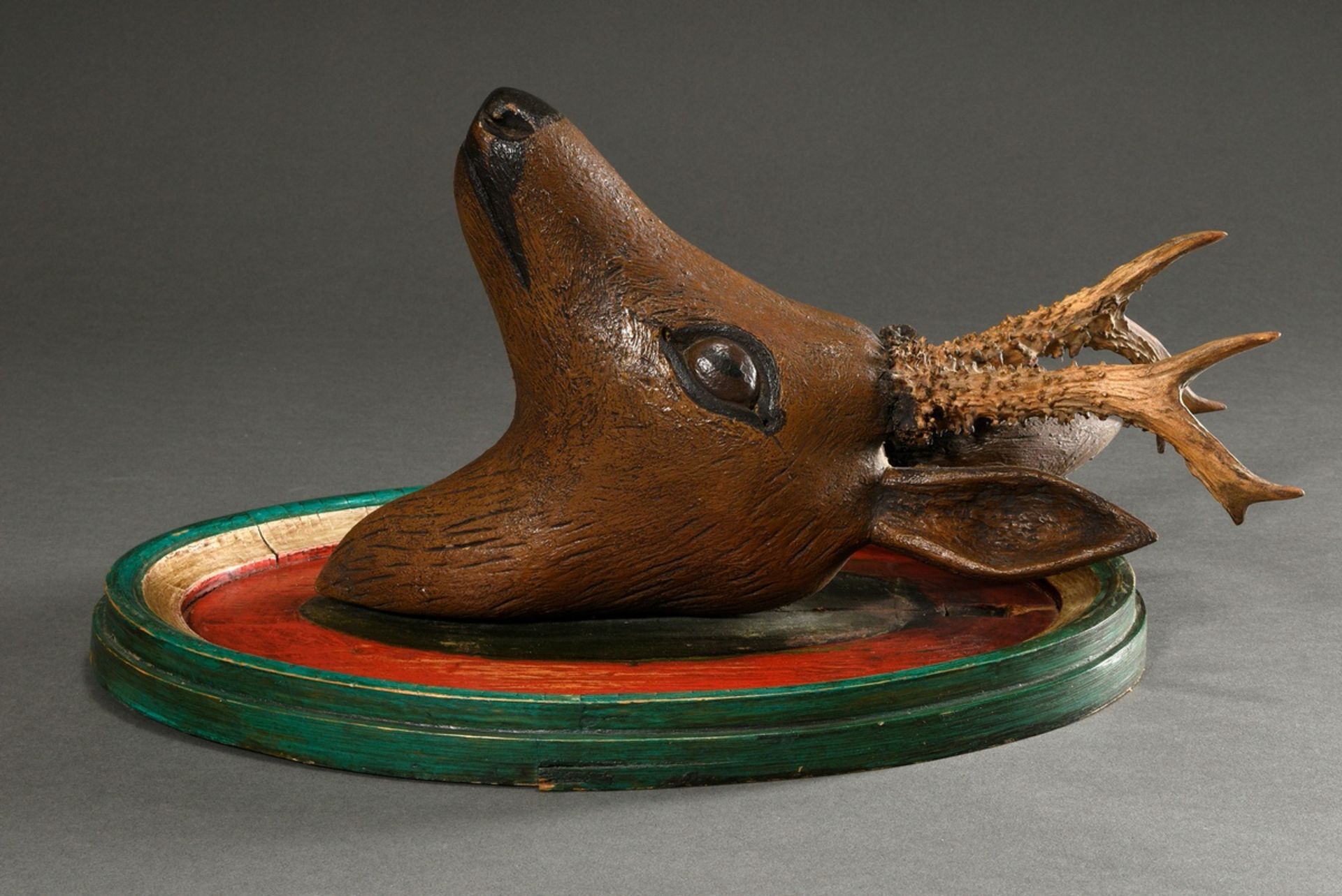 Hunting trophy ‘Deer head with real horns’, German mid-19th century, carved and coloured wood, 41x2 - Image 2 of 5