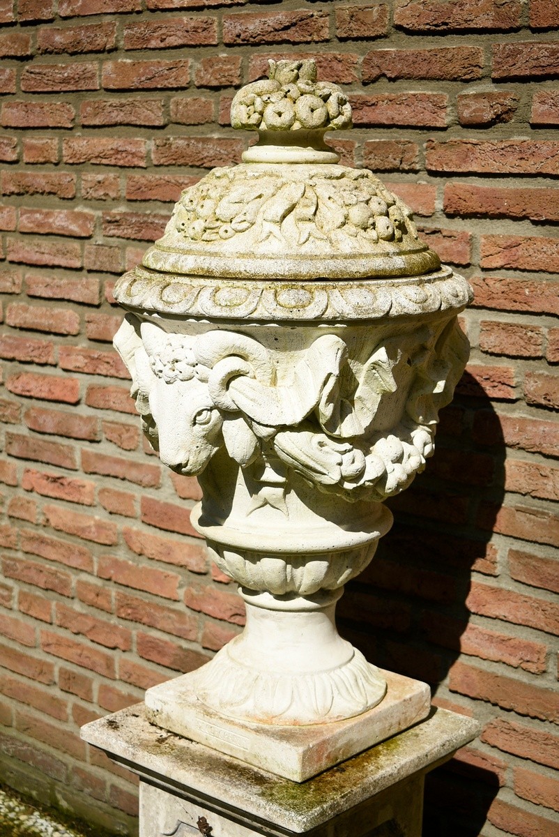 Cast or sandstone lidded vase with ram's head on a high angular pedestal after an old model, marked - Image 5 of 5