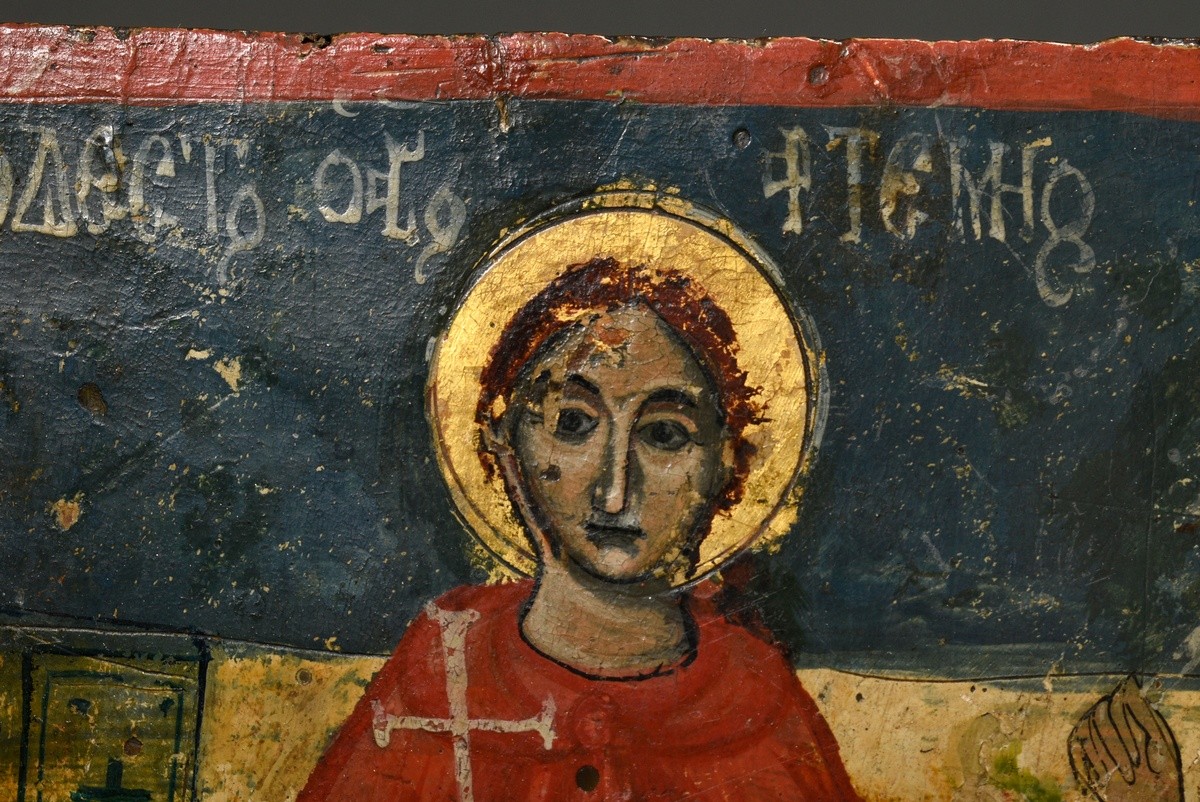 Griechische Ikone "Sechs Heilige", Anfang 19.Jh., Eitempera/Kreidegrund auf Holz, 43x28cm, Alterssp - Bild 3 aus 9